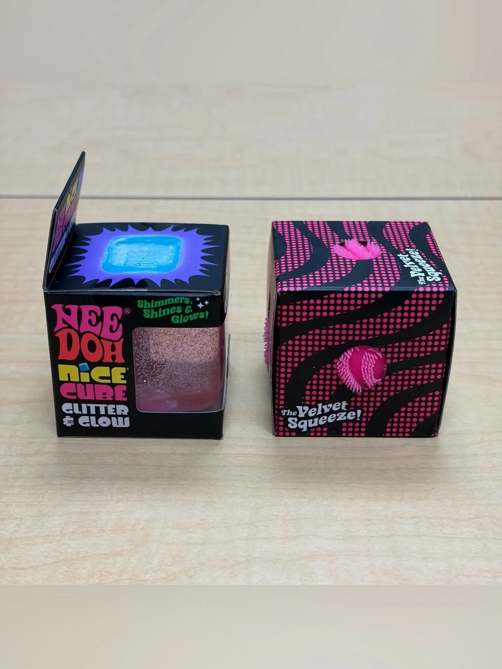Lot of 2: Pink Needoh Fuzz Ball Wonder Wave/Nice Cube Glitter & Glow Fidget New